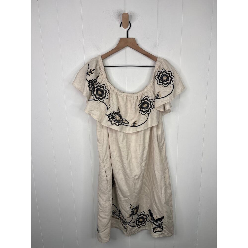 Boston Proper Linen Floral Embroidered Off Shoulder Shift Dress XL Flax Cream - Picture 4 of 10